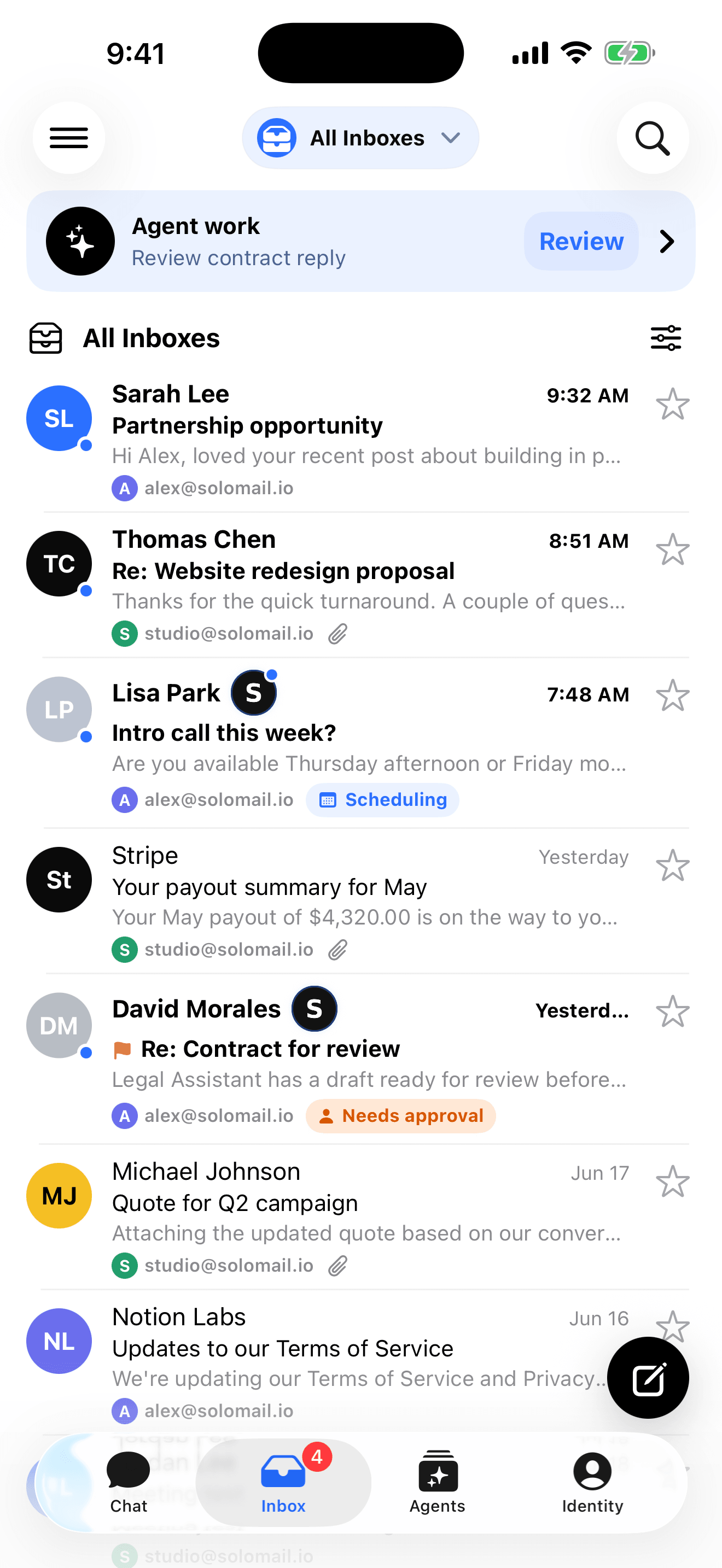 The SoloMail autonomous inbox: agents triaging email, with items that need you surfaced at the top