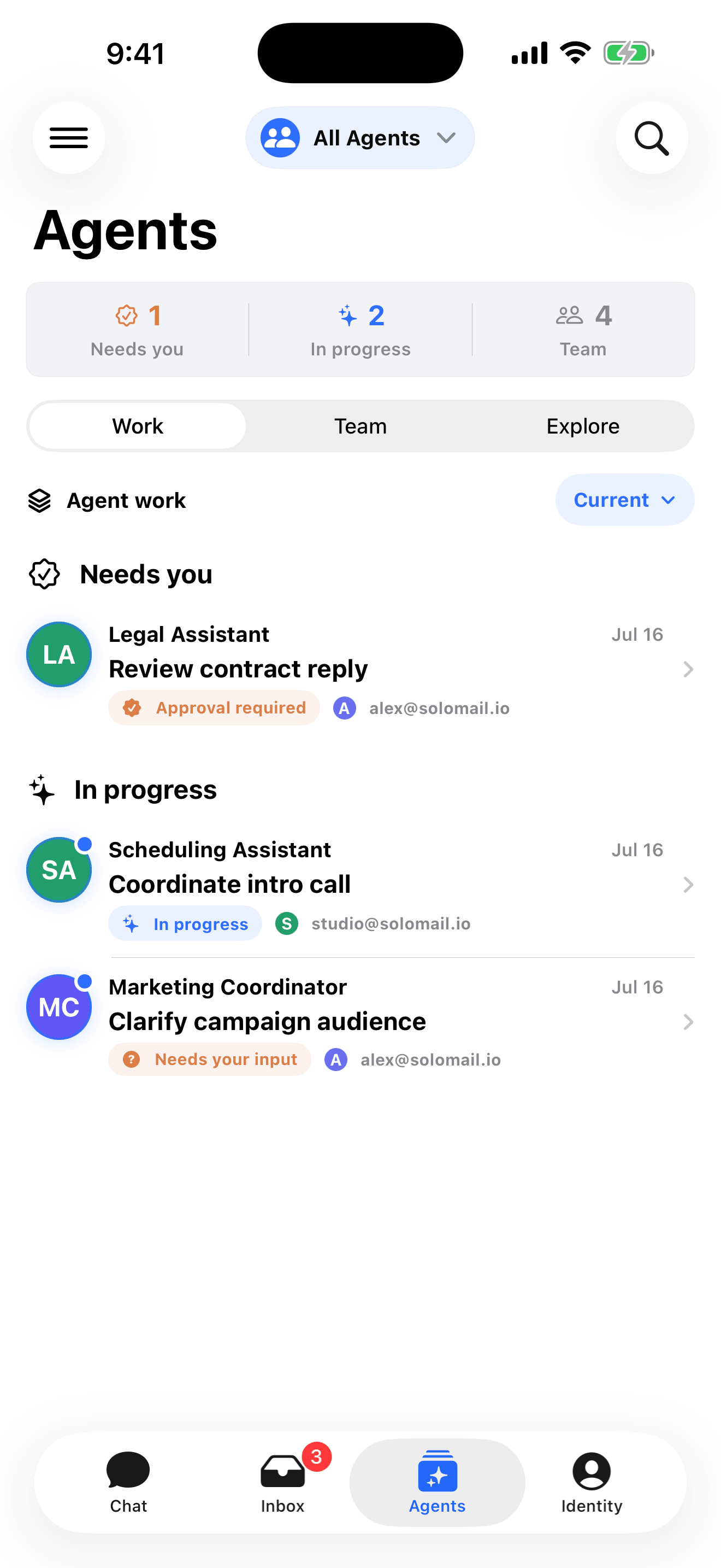 The SoloMail workspace showing organized agent work: needs you, in progress, and done