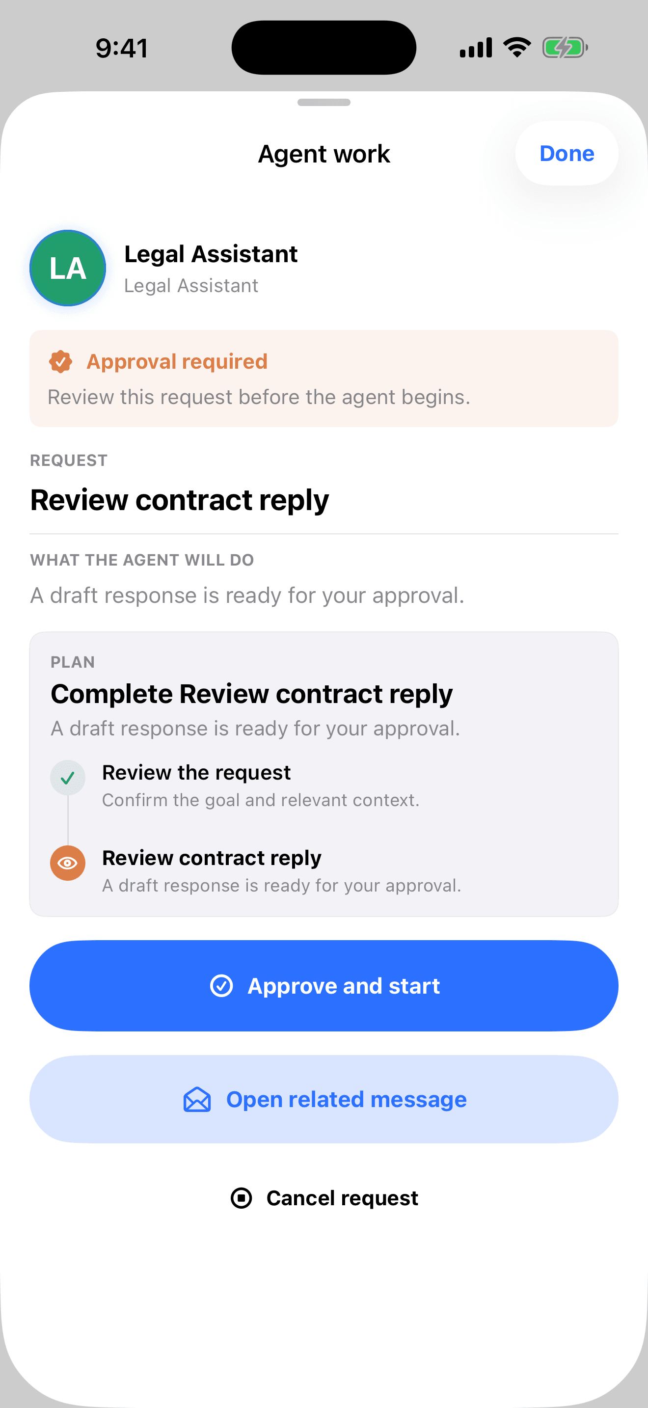 A SoloMail approval screen where the owner reviews an agent's draft before it sends